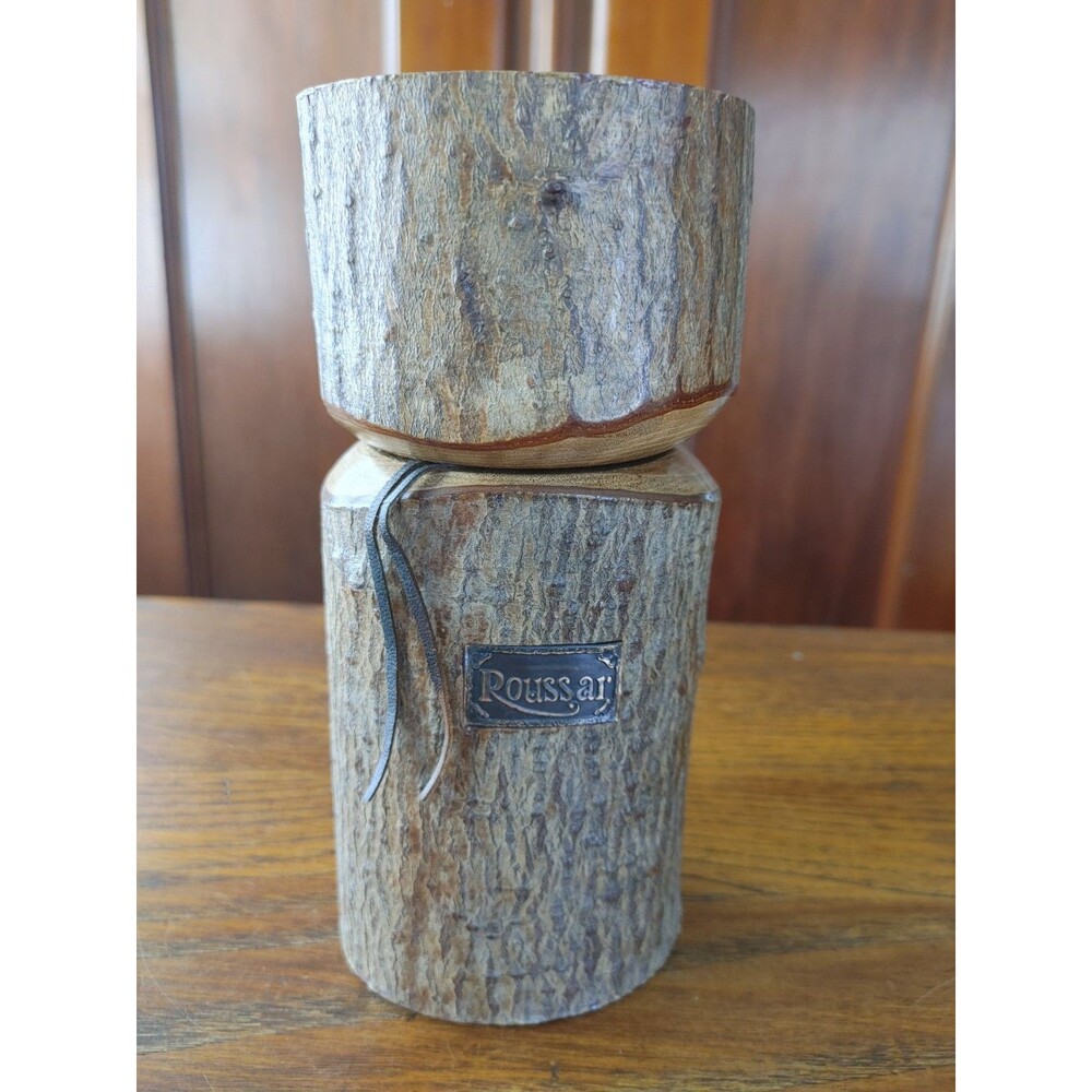 Roussar VTG Cologne Mens Wooden Carved Encased Bottle EC Collectible